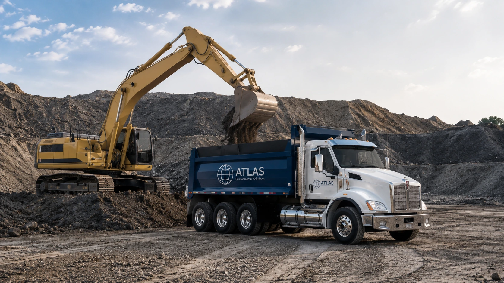 Excavator loading excavated soil into an Atlas tri-axle dump truck.
