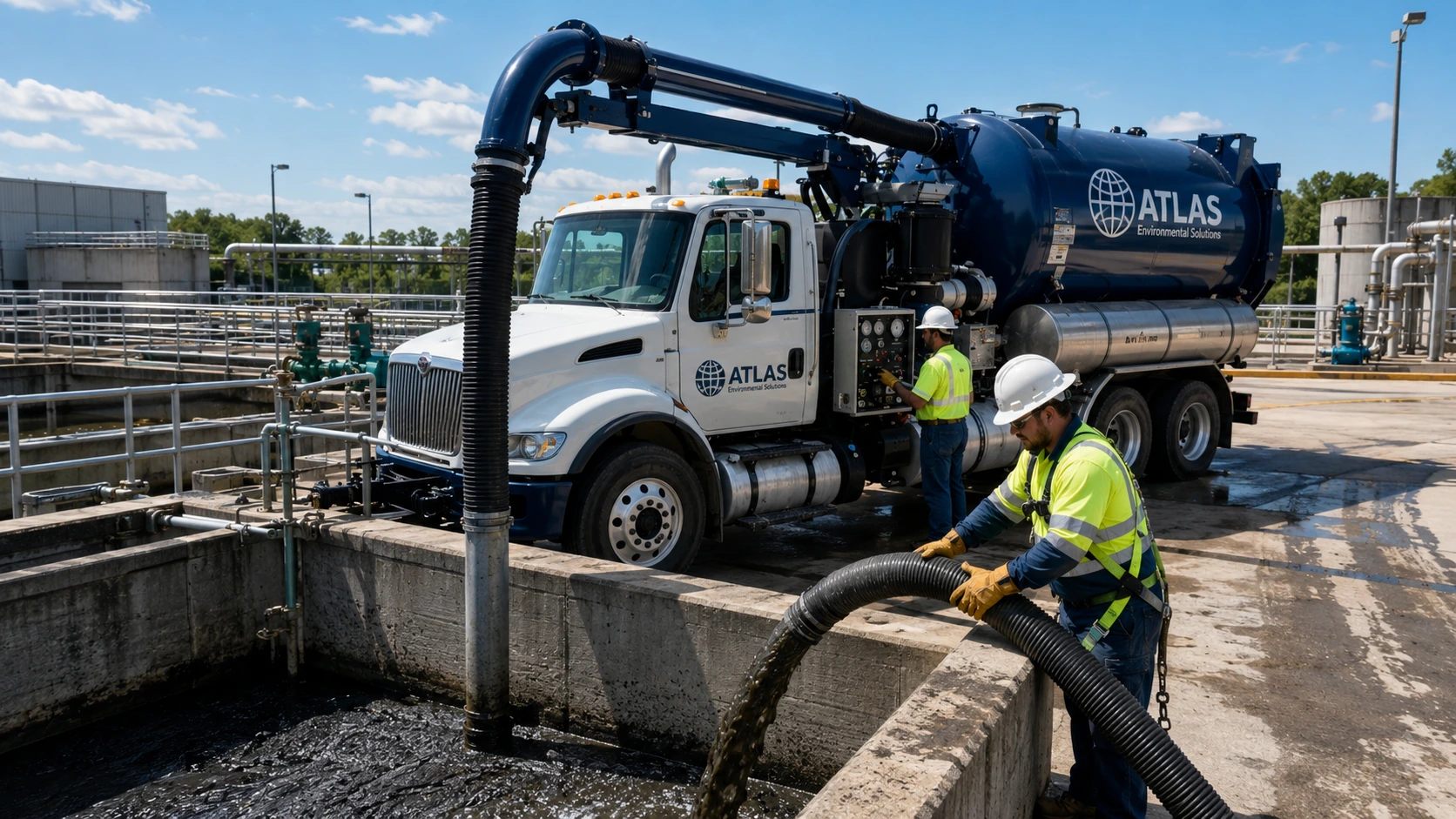 Atlas vacuum-truck crew performing liquid and sludge removal at an industrial facility.