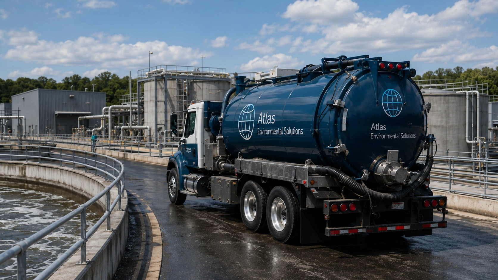 Atlas vacuum truck travelling through an industrial wastewater-treatment facility.
